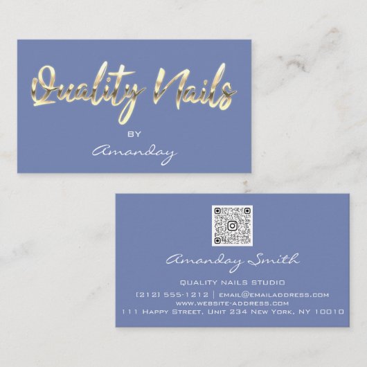Carte De Visite Qualité Nails Code QR Logo Blue Pastel Gold (Devant / Derrière)