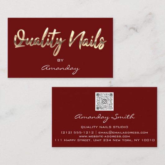 Carte De Visite Qualité Nails Code QR Logo Burgundy Red Gold (Devant / Derrière)