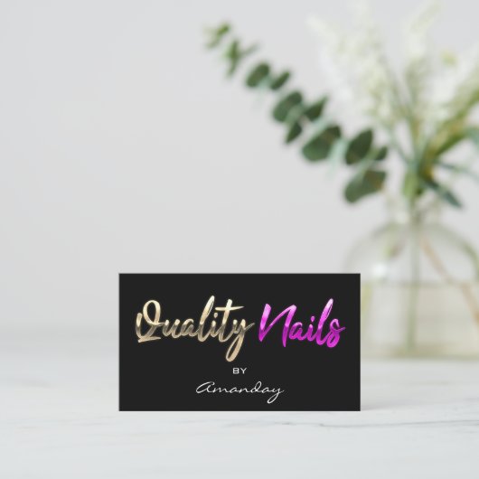 Carte De Visite Qualité Nails QR Code Logo Black Gold Rose (Debout devant)