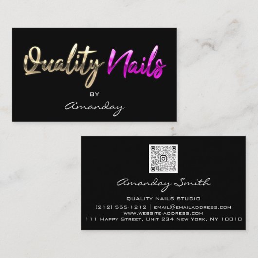 Carte De Visite Qualité Nails QR Code Logo Black Gold Rose (Devant / Derrière)