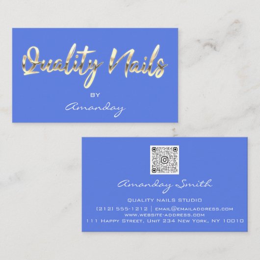 Carte De Visite Qualité Nails Script QR Code Logo Bleu Or (Devant / Derrière)