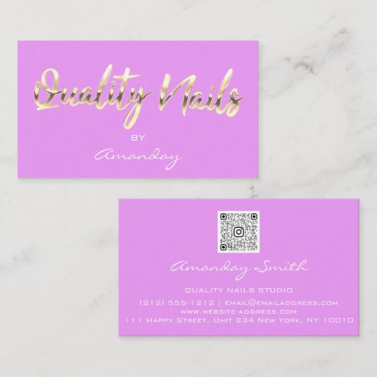 Carte De Visite Qualité Nails Script QR Code Logo Purple Rose (Devant / Derrière)