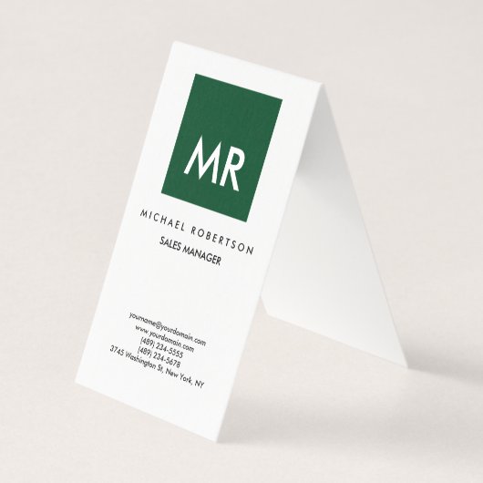 Carte De Visite Qualité Vert Blanc Monogramme Élégant Unique (Devant)