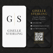 Carte De Visite Quilted Luxury Black White Gold Monogram QR Code