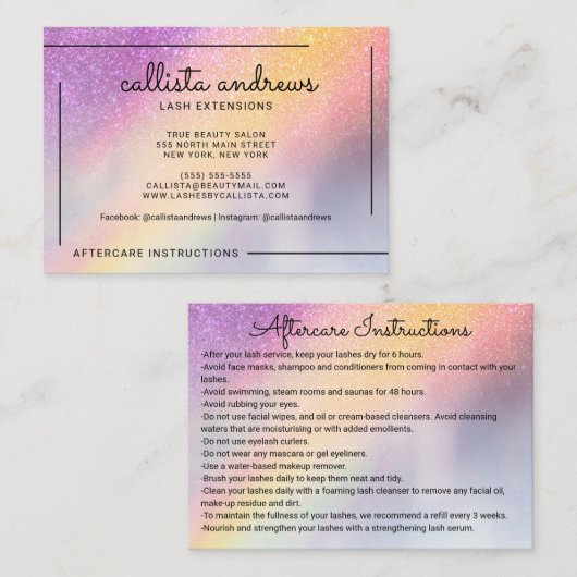 Carte De Visite Rainbow Holographic Parties scintillant Ombre Lash (Devant / Derrière)