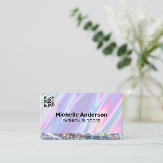 Carte De Visite Rainbow Liquid | Parties scintillant | Code QR (Debout devant)
