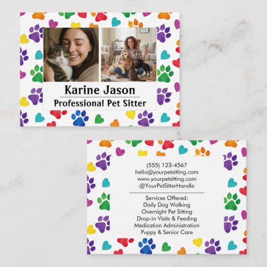 Carte De Visite Rainbow Paw Prints  Hearts Customizable Pet Sitter (Devant / Derrière)