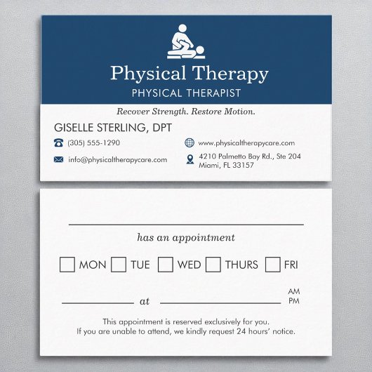 Carte De Visite Rappel de rendez-vous du bureau de la physiothérap