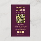 Carte De Visite Rasoir de barbier bordeaux et or Code Qr (Dos)