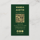 Carte De Visite Rasoir de barbier moderne vert foncé or Code Qr (Dos)