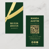 Carte De Visite Rasoir de barbier moderne vert foncé or Code Qr (Devant / Derrière)