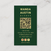 Carte De Visite Rasoir de barbier moderne vert foncé or Code Qr (Dos)