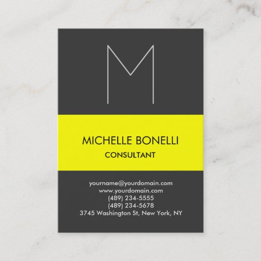 Carte de visite rayé jaune monogramme gris moderne (Devant)