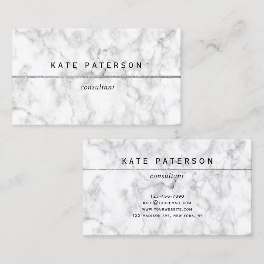 Carte De Visite Rayure argentée de marbre blanche moderne de (Devant / Derrière)