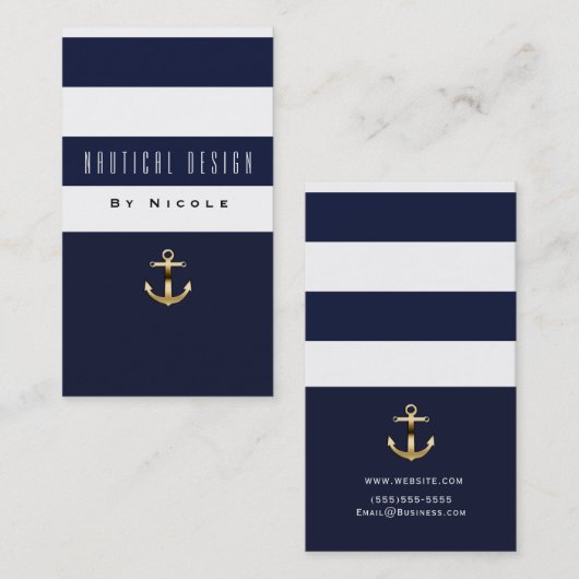 Carte De Visite Rayure bleue et blanche Ancre dorée nautique (Devant / Derrière)