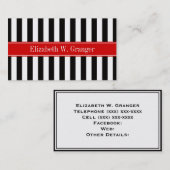 Carte De Visite Rayure Noir Blanc Ruban Rouge Monogramme de Nom (Devant / Derrière)