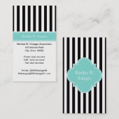 Carte De Visite Rayure Noir Blanc Ruban Turquoise Monogramme Nom (Devant / Derrière)
