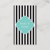 Carte De Visite Rayure Noir Blanc Ruban Turquoise Monogramme Nom (Dos)