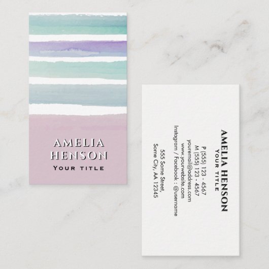 Carte De Visite Rayures d'aquarelle bleu rose moderne (Devant / Derrière)