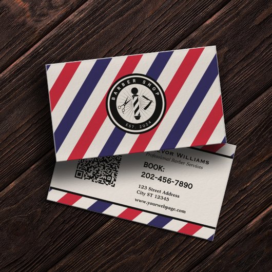Carte De Visite Rayures de salon de coiffure logo de barbier