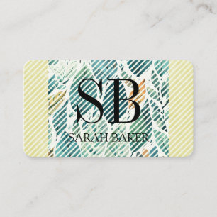 Carte De Visite Rayures et monogramme de script   Feuilles peintes