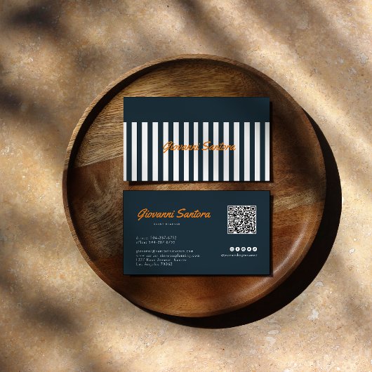 Carte De Visite Rayures Navy | Le code QR du gentleman moderne