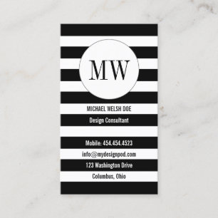 Carte De Visite Rayures noires et blanches avec des initiales de