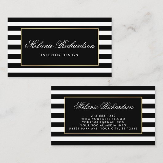 Carte De Visite Rayures noires et blanches modernes avec le cadre (Devant / Derrière)