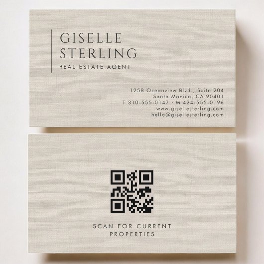 Carte De Visite Real Estate Agent Luxury Neutral Linen QR Code