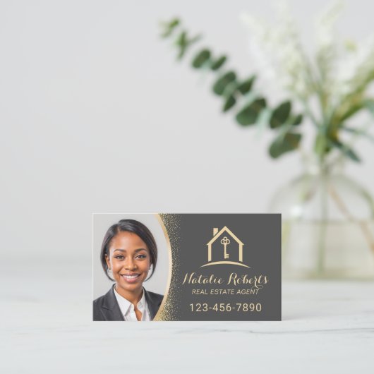 Carte De Visite Real Estate Agent Modern Gold Realtor Custom Photo (Debout devant)