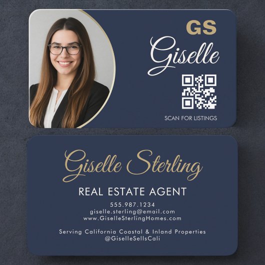 Carte De Visite Real Estate Agent Navy Blue Photo QR Code