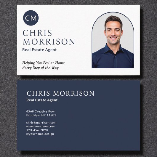 Carte De Visite Real Estate Agent Navy Blue Professional Photo 