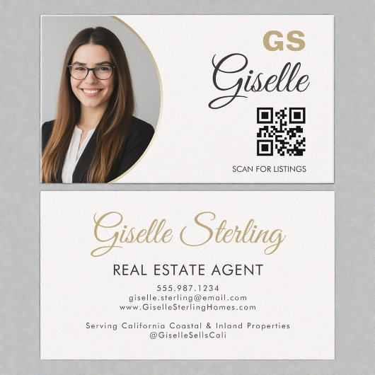 Carte De Visite Real Estate Agent Neutral Gold Photo QR Code