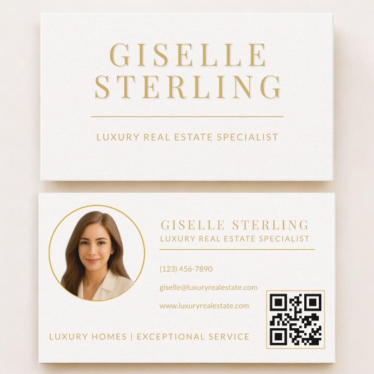 Carte De Visite Real Estate Agent Neutral Gold QR Code Photo 