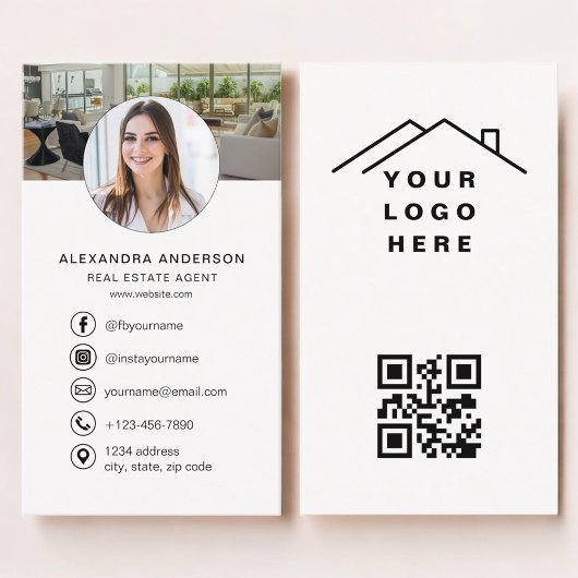 Carte De Visite  Real Estate Agent  Neutral Photo Logo QR Code