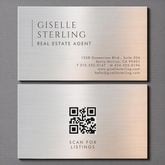 Carte De Visite Real Estate Agent QR Code Brushed Metal