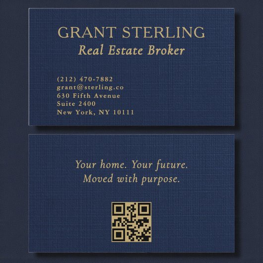 Carte De Visite Real Estate Broker Navy Blue Gold Linen QR Code 