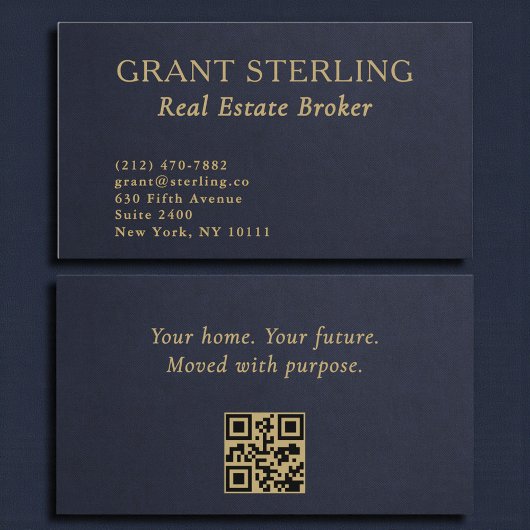 Carte De Visite Real Estate Navy Blue Gold Slate Stone QR Code 