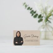 Carte De Visite Real Estate QR Code Photo Beige Suede (Debout devant)