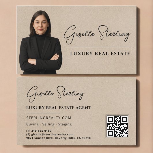 Carte De Visite Real Estate QR Code Photo Beige Suede