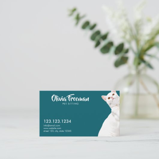 Carte De Visite Realistic Teal & White Cat Picture Pet Sitting (Debout devant)