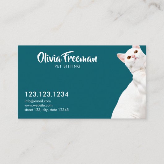 Carte De Visite Realistic Teal & White Cat Picture Pet Sitting (Devant)
