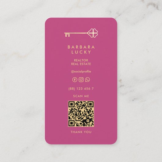 Carte De Visite Realtor Classic Elegant Pink Gold Key (Dos)