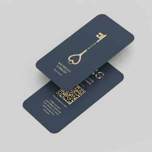 Carte De Visite Realtor Dark Blue Gold Key Monogramme moderne