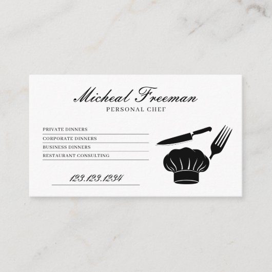 Carte De Visite Recette minimale noire et blanche Chef personnel (Devant)