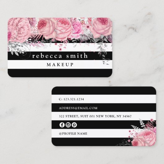 Carte De Visite Recouvert de rayures blanches blanches et roses (Devant / Derrière)