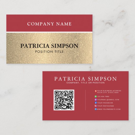 Carte De Visite Red and Gold QR Code with Social Media & Web Links (Devant / Derrière)