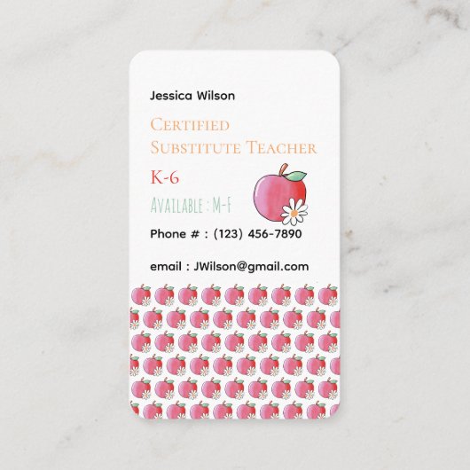 Carte De Visite Red Apple Daisy Pattern Sub Vertical Business Card (Dos)