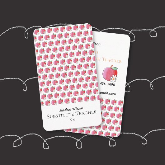 Carte De Visite Red Apple Daisy Pattern Sub Vertical Business Card