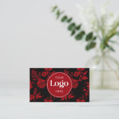 Carte De Visite Red & Black Damask Custom Logo QR Code Template (Debout devant)